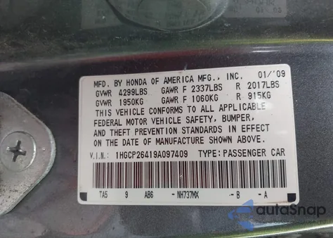 2009 Honda Accord 2.4 Lx-P from USA, damaged, VIN 1HGCP26419A097409